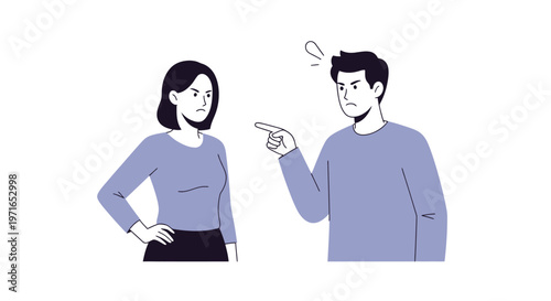 Couple arguing a man angrily pointing at a displeased woman