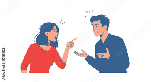 Couple arguing with a woman pointing accusingly at a confused man
