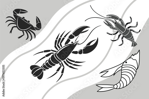 Black and White Seafood Crustaceans Vector Set.