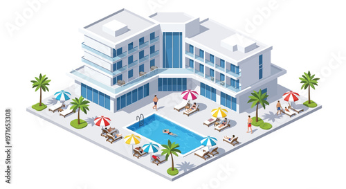 Isometric illustration of a modern hotel with a swimming pool and lounge area