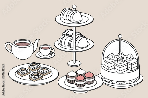 Cute Tea Time Scene with Cakes and Cupcakes Illustration.