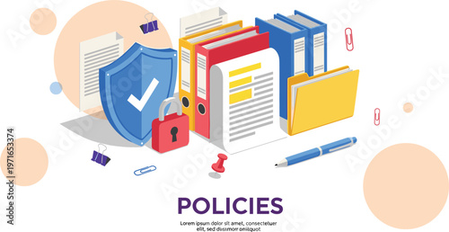 Office Policy and Document Management Icon Set Featuring Files, Folders, Lock, Shield, Pen, and Paper Clips for Digital Media and Websites