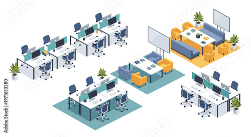 Isometric view of a modern open plan office workspace layout