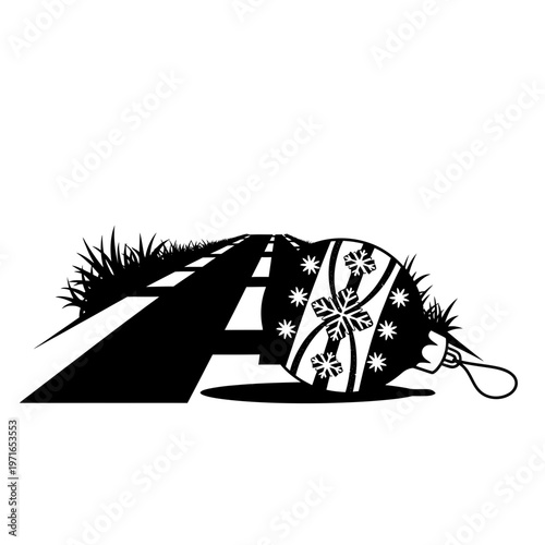 Festive Journey: A whimsical image featuring a decorated ornament and a road, symbolizing the path towards festive gatherings.