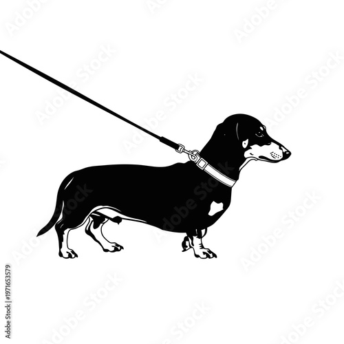 Dachshund Silhouette: A sleek dachshund, leashed and poised, stands proudly in profile, its elongated form and expressive gaze captured in a striking monochrome image.