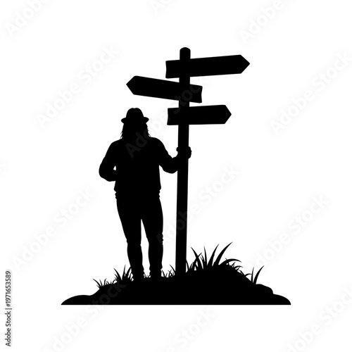 Trailblazer's Crossroads: A solitary figure, a silhouette, stands before a signpost. They are seemingly at a crossroads, pondering the way forward, surrounded by grass.