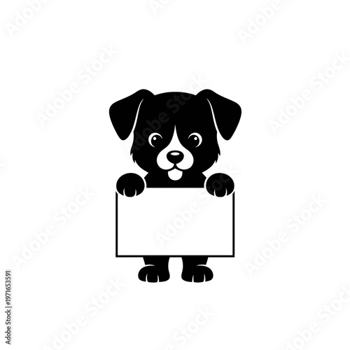 Puppy Holding Sign: A charming black and white puppy holds a blank sign, inviting viewers to imagine their own message. A versatile image, suitable for advertisements or custom text. 