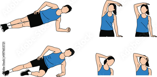 Side Plank and Arm Stretching Exercise Illustration Set for Core Strength, Flexibility, and Fitness Training