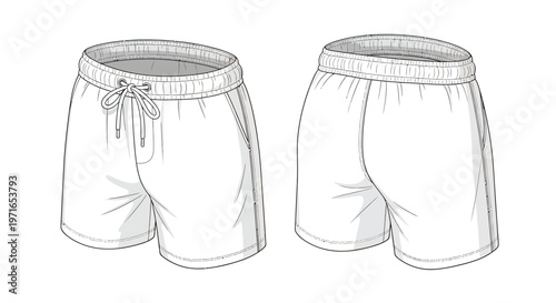 Technical illustration of a pair of men s swim shorts in gray