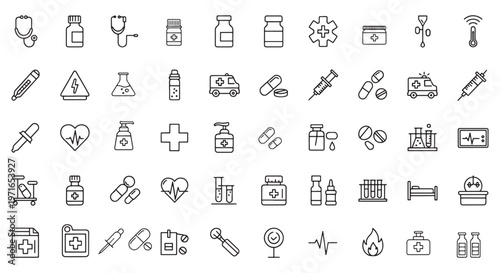 Medical Healthcare Icon Set With Line Art Symbols for Medicine, Pharmacy, Emergency, and Laboratory