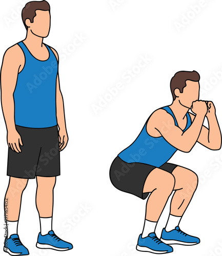 Squat Exercise Illustration Set Showing Man Performing Squats for Strength Training, Fitness, and Workout Programs