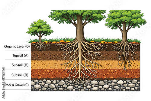 Cross-Section Of Soil Layers With Trees And Roots Showing Topsoil, Subsoil And Rock
