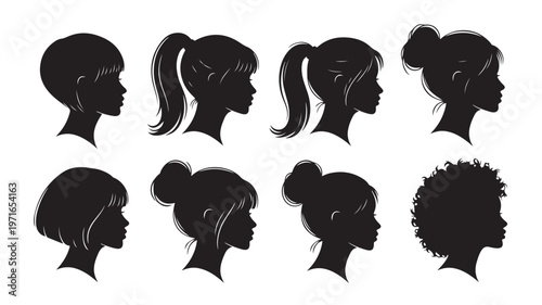 Black silhouettes of women, diverse hairstyles, profile views, vector icons, 8 heads