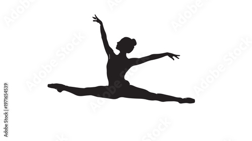 Ballet dancer, black silhouette, split jump, dance icon, vector illustration