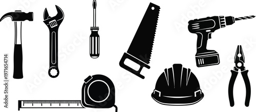 Essential construction and repair tools a black and white silhouette collection for professionals and diy enthusiasts