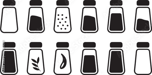 Spice and seasoning jar icons set with various fill levels and labels for kitchen cooking culinary design salt pepper and herb storage