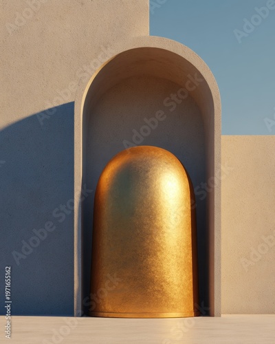 Golden architectural capsule in arched niche for modern design poster background and luxury branding