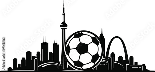 Toronto hosts the global soccer championship a stunning skyline with a soccer ball illustration