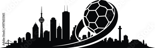 Global soccer championship iconic football silhouette against a modern city skyline a world class sporting event