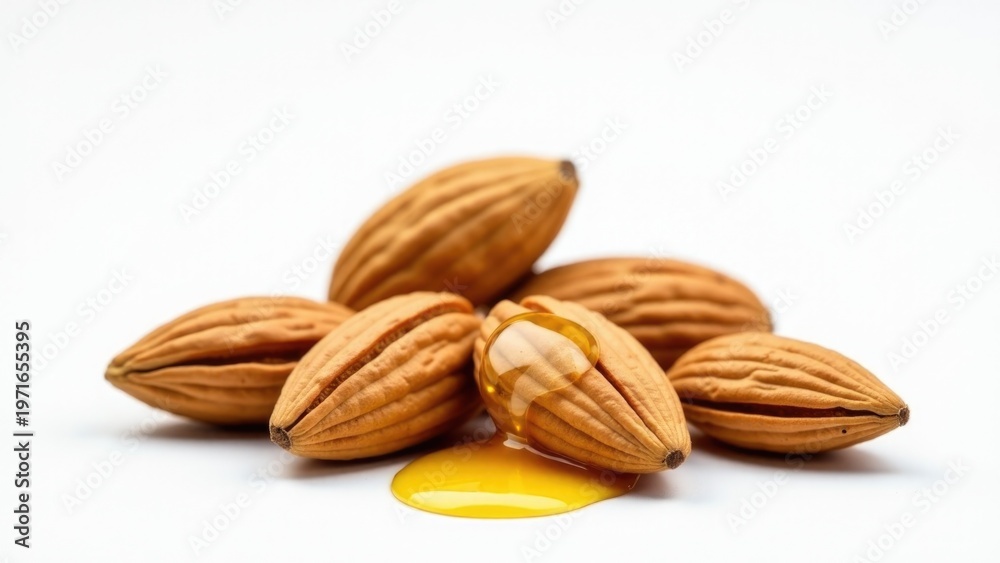 Obraz premium A pile of almonds accompanied by a single drop of honey, ideal for food or packaging use
