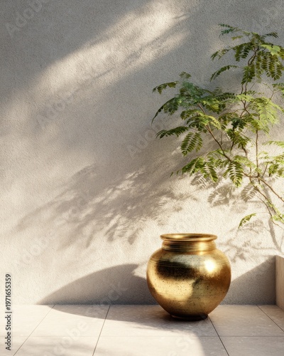 Minimalist interior with golden urn and leafy plant casting shadows for background, decor and design