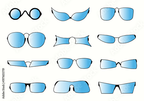 Set of different glasses, eyeglass frames. Hand Drawn. Freehand drawing. Doodle. Sketch. Outline.