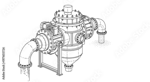 Detailed industrial pump system technical drawing showing various pipes and valves for fluid management in a modern factory setting.
