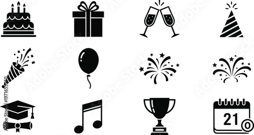 Celebration icons set birthday graduation achievements and festive occasions in black and white