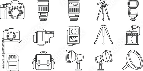 Collection of sketchy photography equipment icons cameras lenses tripods and flashes