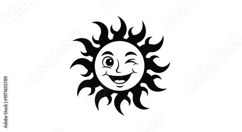 Winking sun cartoon character with a cheerful smile and flame-like rays shines brightly against a clean white background for summer themes.