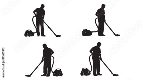 Black silhouette vacuum cleaner icons, cleaning service illustrations, housekeeping vector graphics, janitorial equipment set