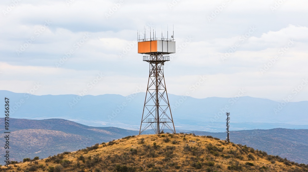 Naklejka premium Remote radar surveillance outpost conducting airspace threat monitoring across strategic defense zones using high-frequency detection systems and aerial tracking technology