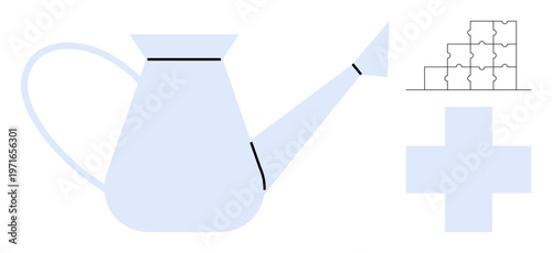 Gardening concept. Gardening promotes mindfulness and overall wellness. Gardening offers a therapeutic activity connecting health and nature. Includes water can, wellness, and building blocks