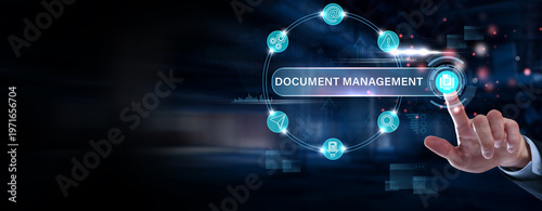 Bild auf Leinwand Businessman finger pointing on document interface for document management system