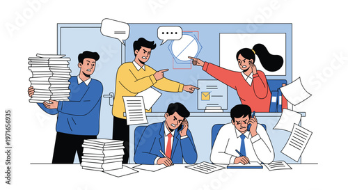 Stressful and chaotic office environment with people arguing and paper flying everywhere during a very busy workday at the company.