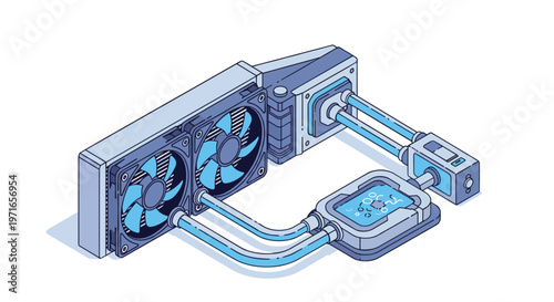 Advanced computer water cooling system with dual fans and clear tubes showing liquid flow for high-performance thermal control.