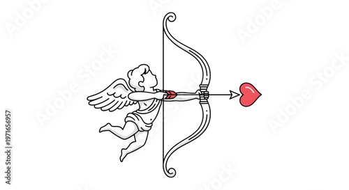 Cute little cupid flying while aiming a bow with a heart-tipped arrow for Valentine's day romance and mythological themes.