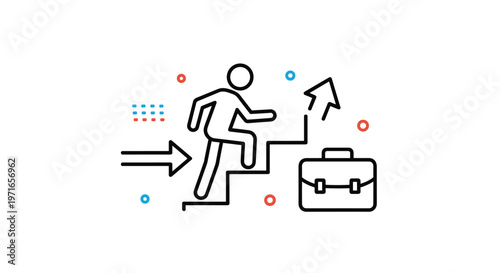 Outline icon of a professional person climbing stairs towards an upward arrow next to a business briefcase for career growth.