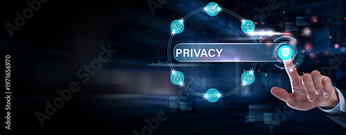 Tableau sur toile Businessman finger pointing on privacy management interface, data protection das