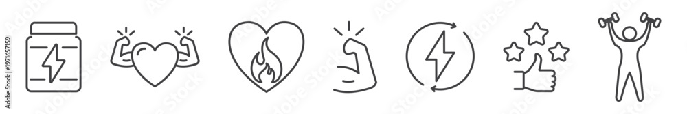 Φωτογραφία Sport line icons set with fitness supplement, strong heart, athlete silhouette, energy, muscle, and winner symbols