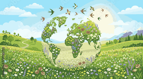 Vibrant floral globe with birds flying over a serene landscape of rolling hills and wildflowers under a sunny sky