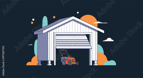 Modern garden shed or garage with a semi-open shutter door and a bright orange lawnmower parked at the entrance on a clear day.