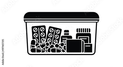 Medicine box or first aid storage kit filled with various pills, capsules, and bottles of pharmaceutical products.