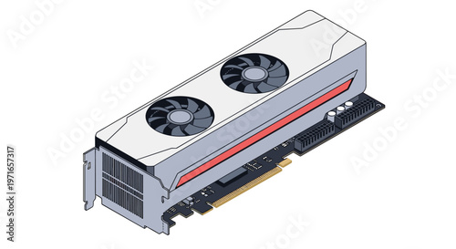 Isometric view of a high end graphics card with dual fans and visible circuit board designed for powerful computer gaming.