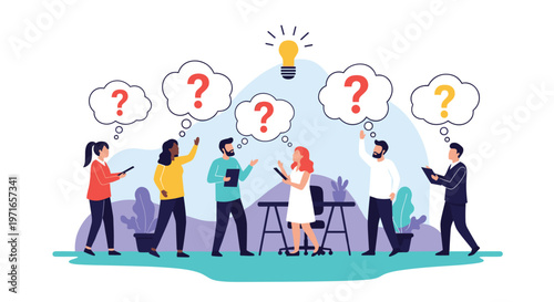 Team of diverse professionals brainstorming with question marks leading to a shared bright yellow lightbulb idea.