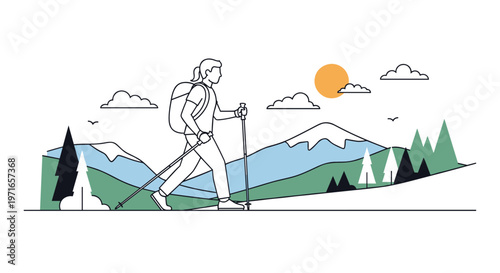 Line art illustration of a female hiker with a backpack and walking poles trekking through a scenic mountain landscape.