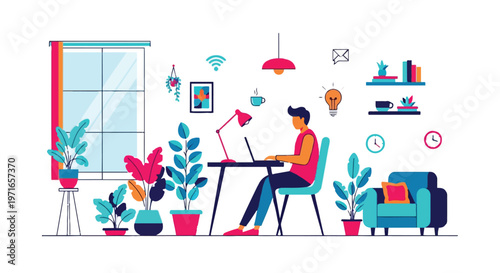 A creative workspace combining productivity and comfort in a home setting