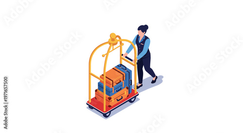Hotel bellhop pushing a golden luggage cart loaded with suitcases for guest arrival in an isometric hospitality scene.