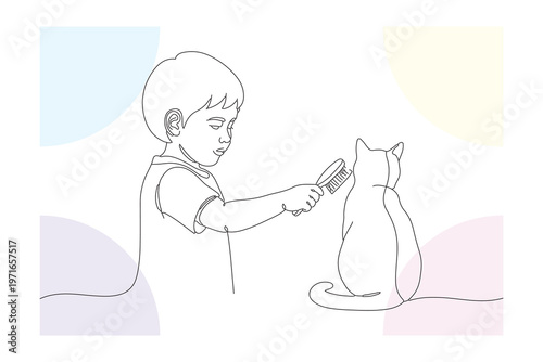 Gentle Moment: A Continuous Line Illustration of a Young Child Carefully Grooming a Beloved Cat, Showing Affection and Care