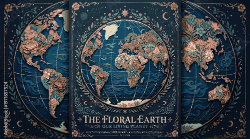 Vintage floral world map with gold accents and celestial elements on dark blue background